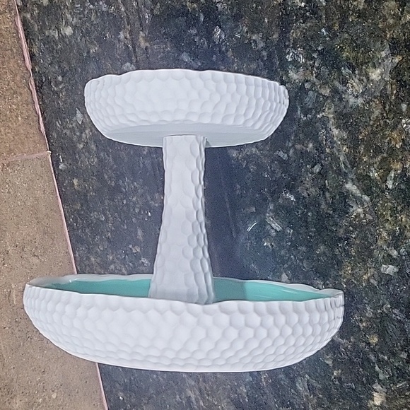 2 Tier Tray Jewelry Holder Ceramic Jewelry Dish Rings Earrings Teal and White - Picture 4 of 5